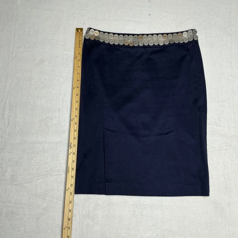 Tory‎ Burch Navy Blue Pencil Skirt Sequined Embellished Waist Slit Size 6